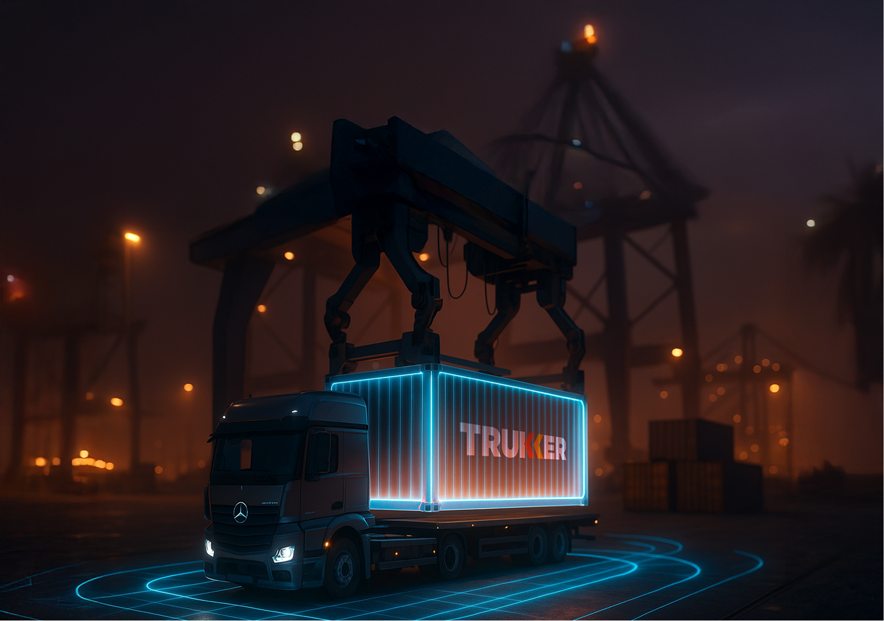 Futuristic smart logistics port representing TruKKer digital freight technology