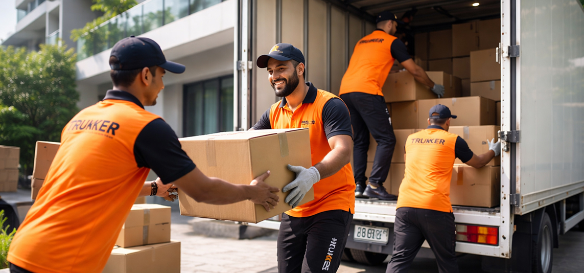 Trukker logistics team carefully moving household furniture during a professional home relocation service