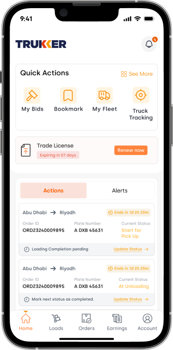 TruKKer Partner mobile app interface showing features